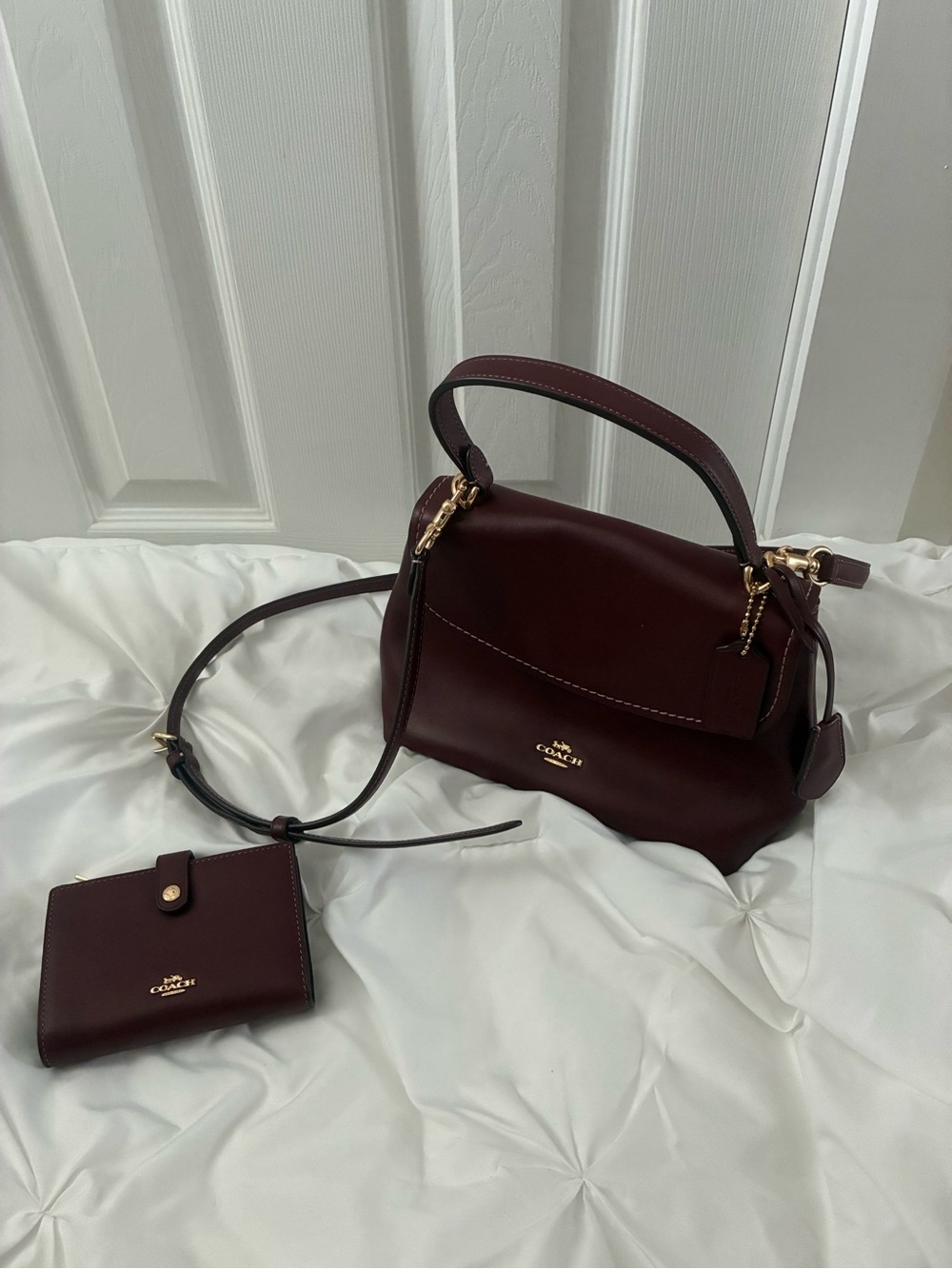 Coach Leather Top-Handle Crossbody Bag in Deep Burgundy with matching wallet